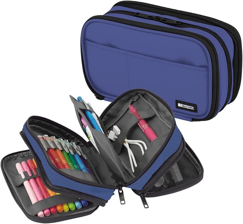 LIHIT LAB Large Capacity Triple Zipper Pencil Case For School Office College, Big Capacity 8 Compartments Pencil Bag Holder Adults Teen Boys Girls, Travel Cosmetics Storage, Blue (A7556-108) - Image 2
